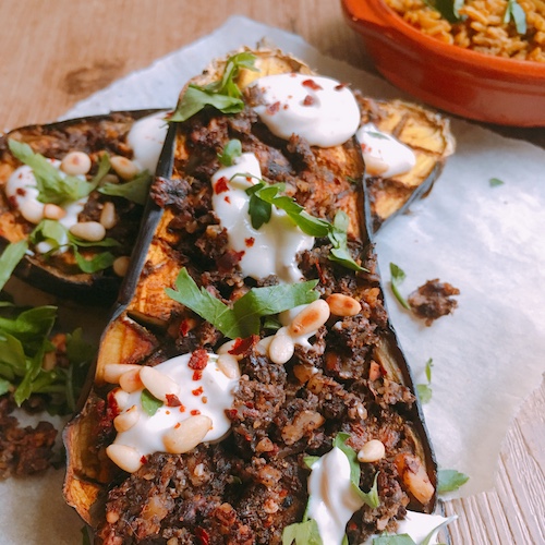 Kruidige geroosterde aubergine met&nbsp;tahinsaus